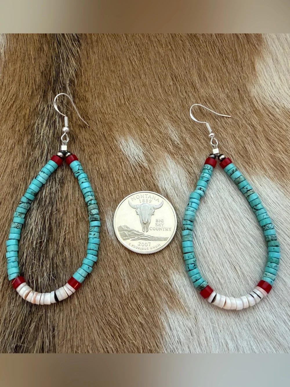 ❤️ Native American “S Duncan” Heishi Turquoise Coral Luhuanus Shell 925 Earrings